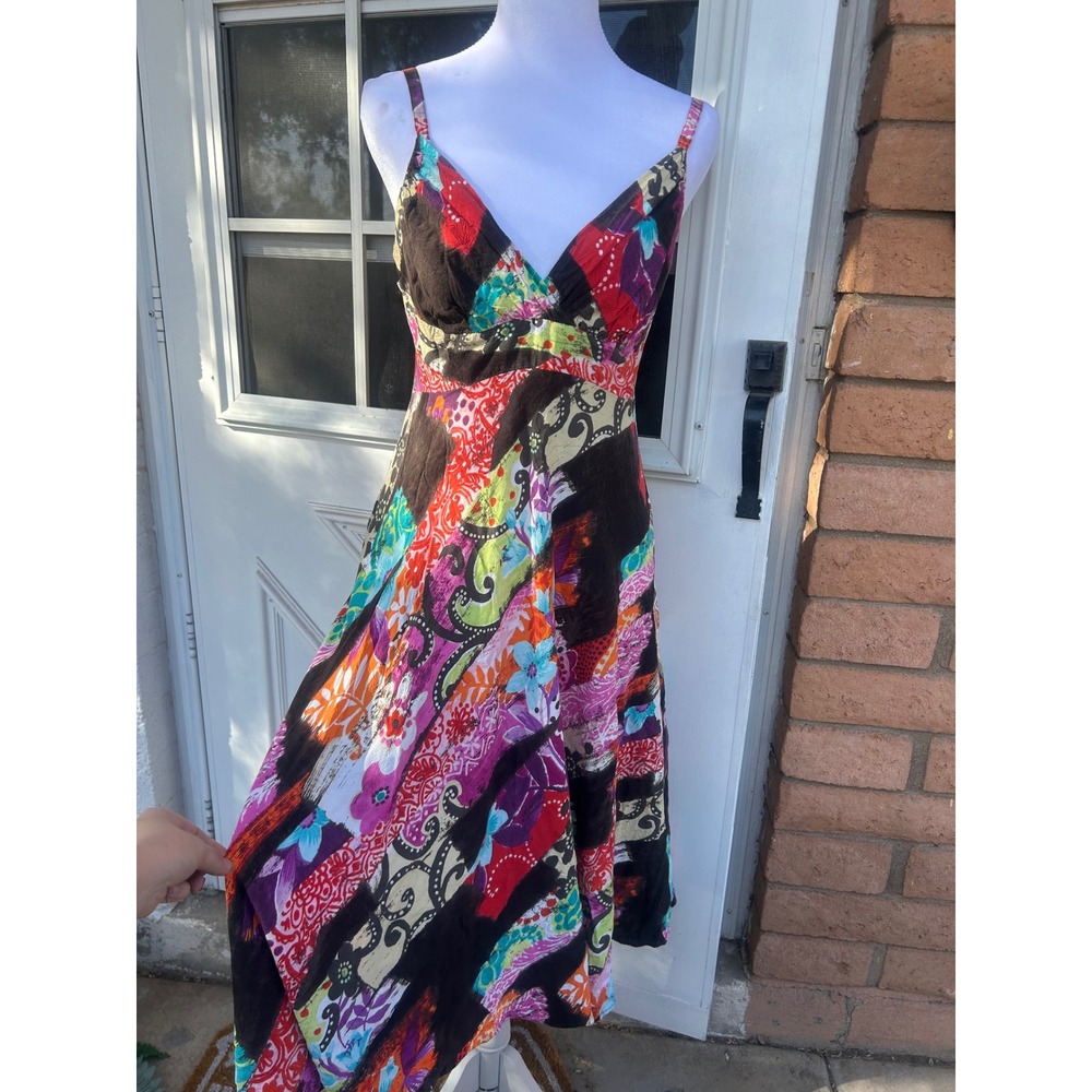Jams World Multi Color‎ Patchwork Floral Paisley Midi Dress V-Neck M Y2K Artsy